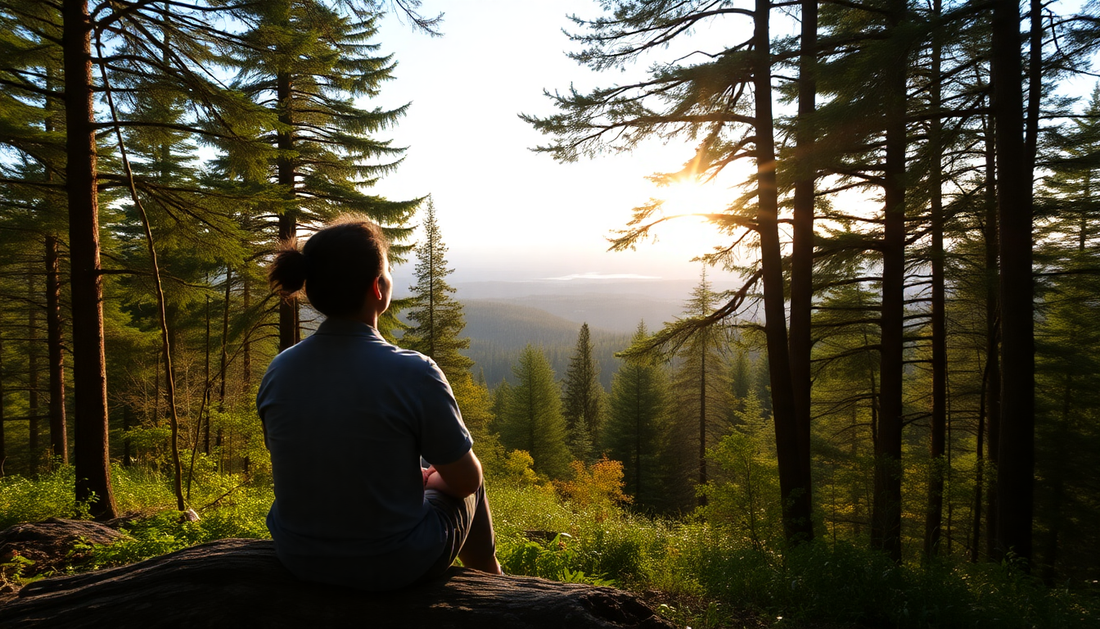 a person sitting in the forest and admiring the view