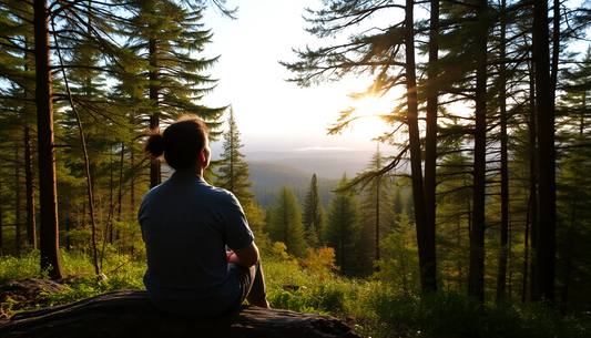 a person sitting in the forest and admiring the view