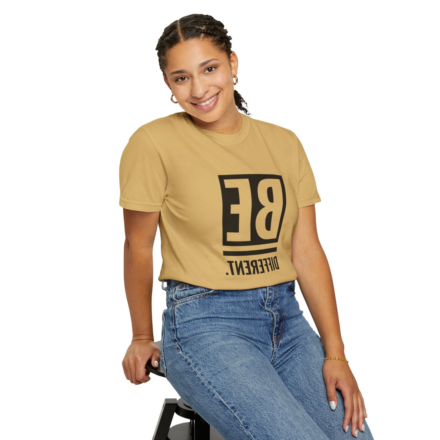 Model wearing the Be Different Art Graphic Oversized Boho T-Shirt paired with high-waisted jeans for a trendy look.