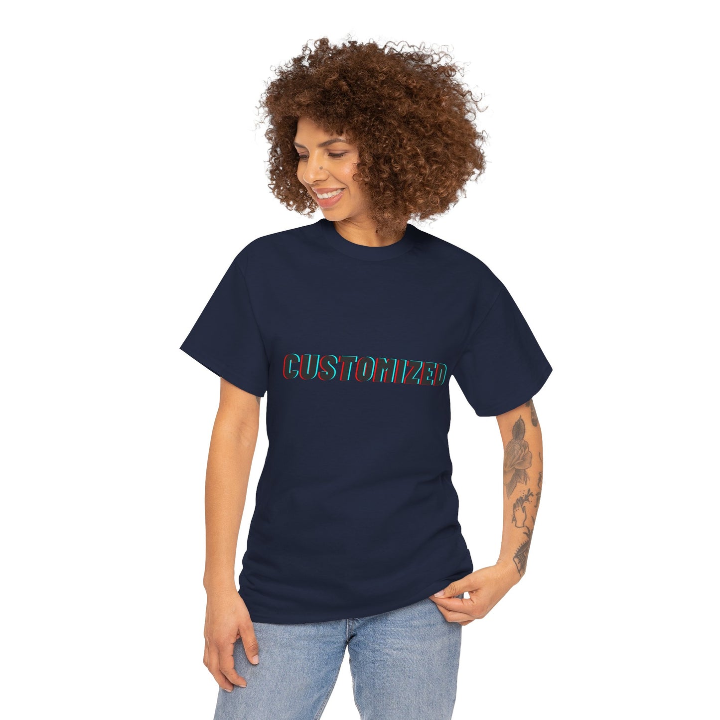 Stylish model wearing the Personalized Unisex Heavy Cotton Tee - Eco-Friendly, Comfortable, Custom Graphic Wear in a casual urban environment.