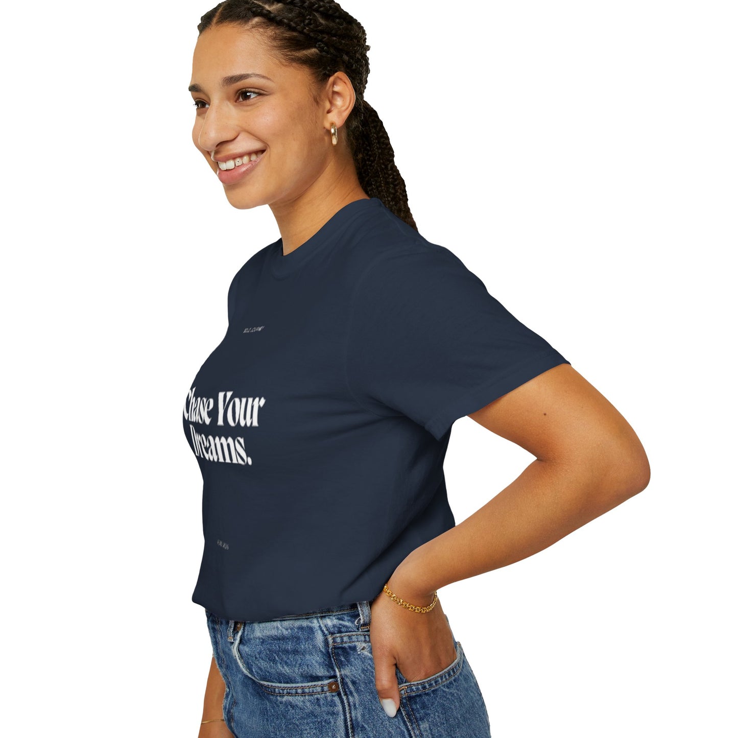 Model showcasing the oversized fit of the Chase Your Dreams Vintage Aesthetic Pullover - Eco-Friendly Boho T-Shirt, perfect for casual outings.