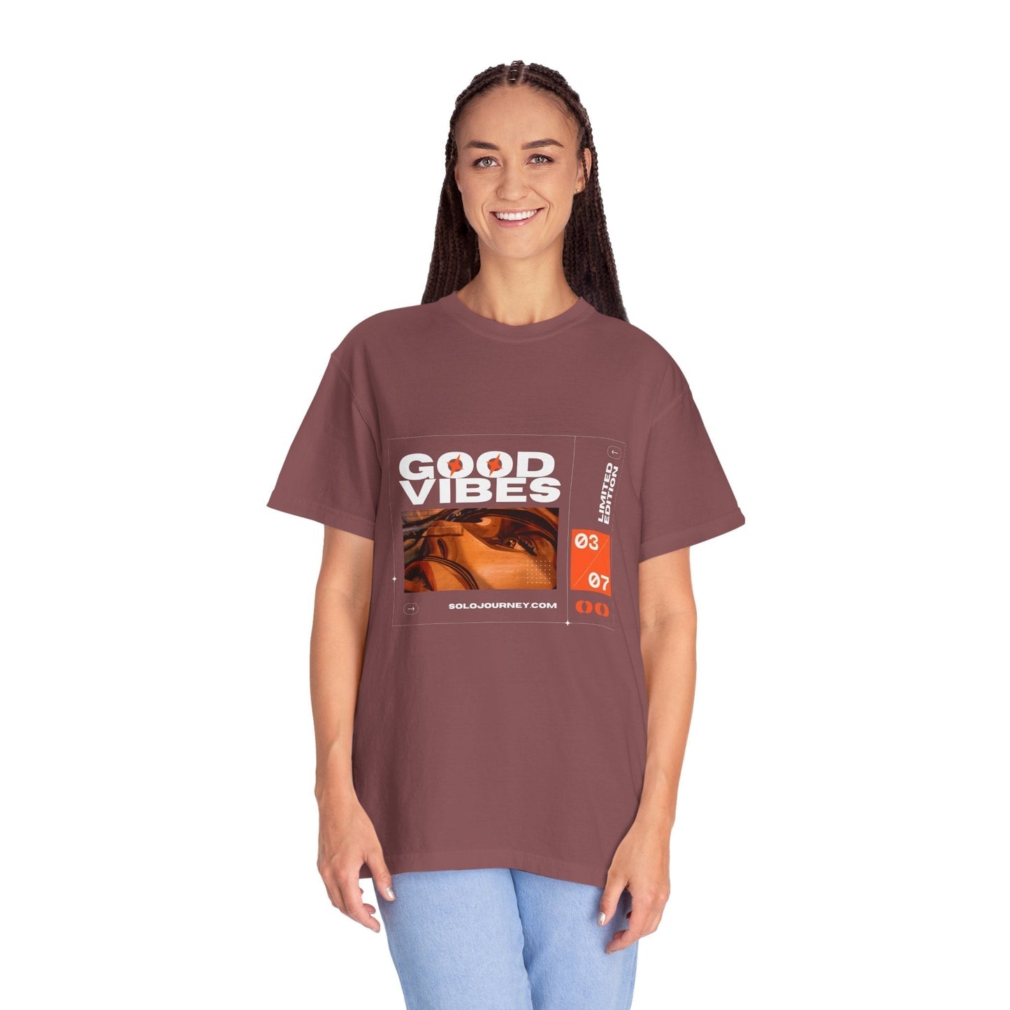 Close-up of the Good Vibes Graphic Design Pullover - Vintage Boho Oversized T-Shirt highlighting the unique hand-drawn print.