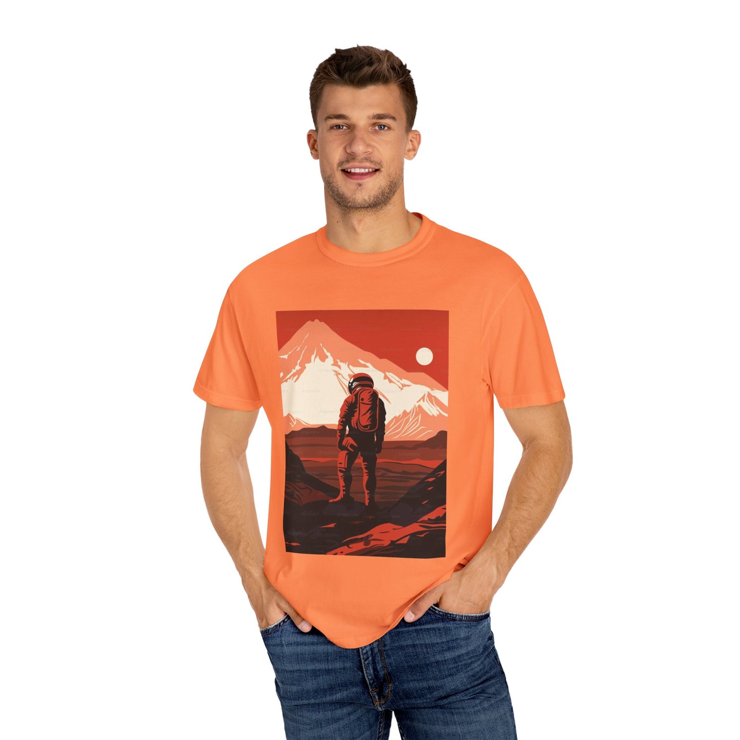 Close-up of the Man On Mars Graphic T-Shirt - Eco-Friendly Organic Cotton, highlighting the texture and GOTS certified fabric for sustainable fashion.