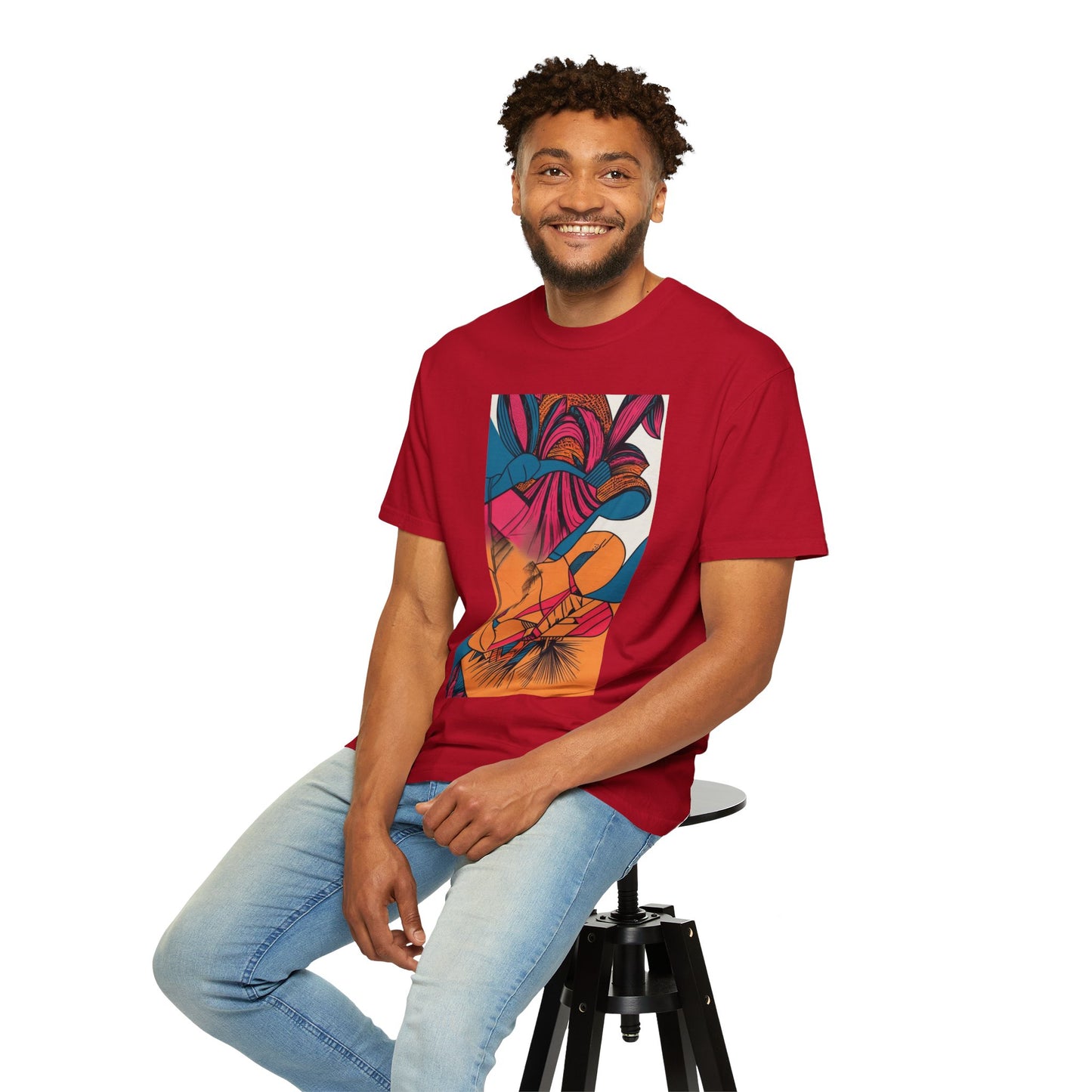 Casual look of the Berry Masterpiece Oversized Boho T-Shirt 09 with a relaxed fit, ideal for lounging or festival style, showcasing its unique artistic design.