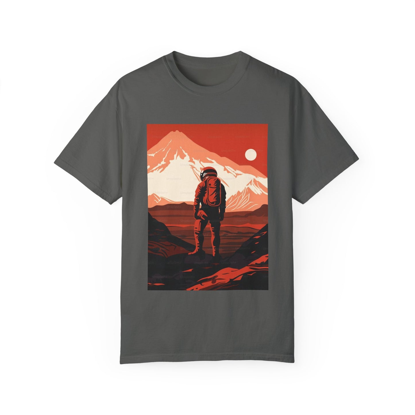Close-up of the unique hand-drawn graphics on the Man On Mars Graphic T-Shirt, highlighting its artistic design and sustainability.
