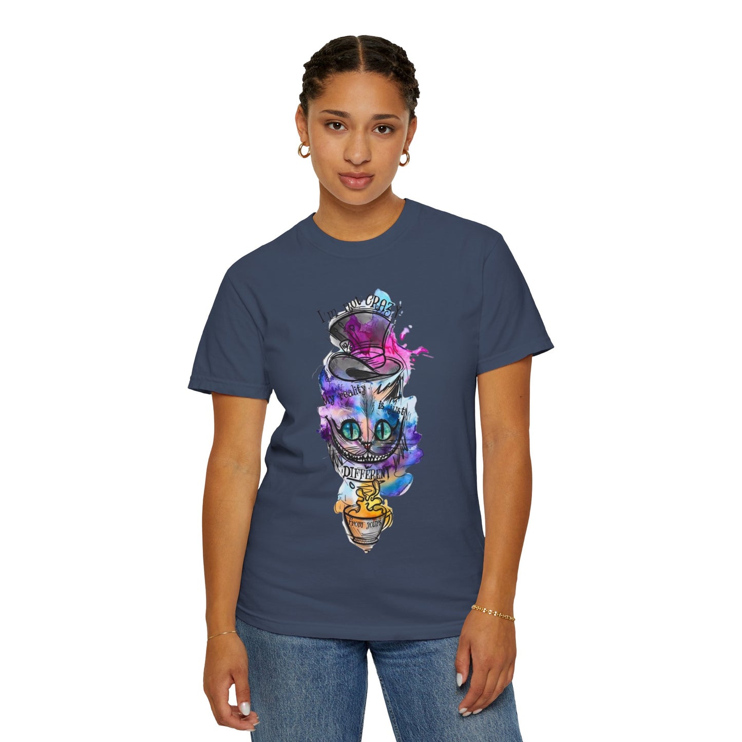Flat lay of the Personalized Cat With A Hat Country Music Graphic T-Shirt - Eco-Friendly Organic Cotton Tee styled with jeans and accessories.