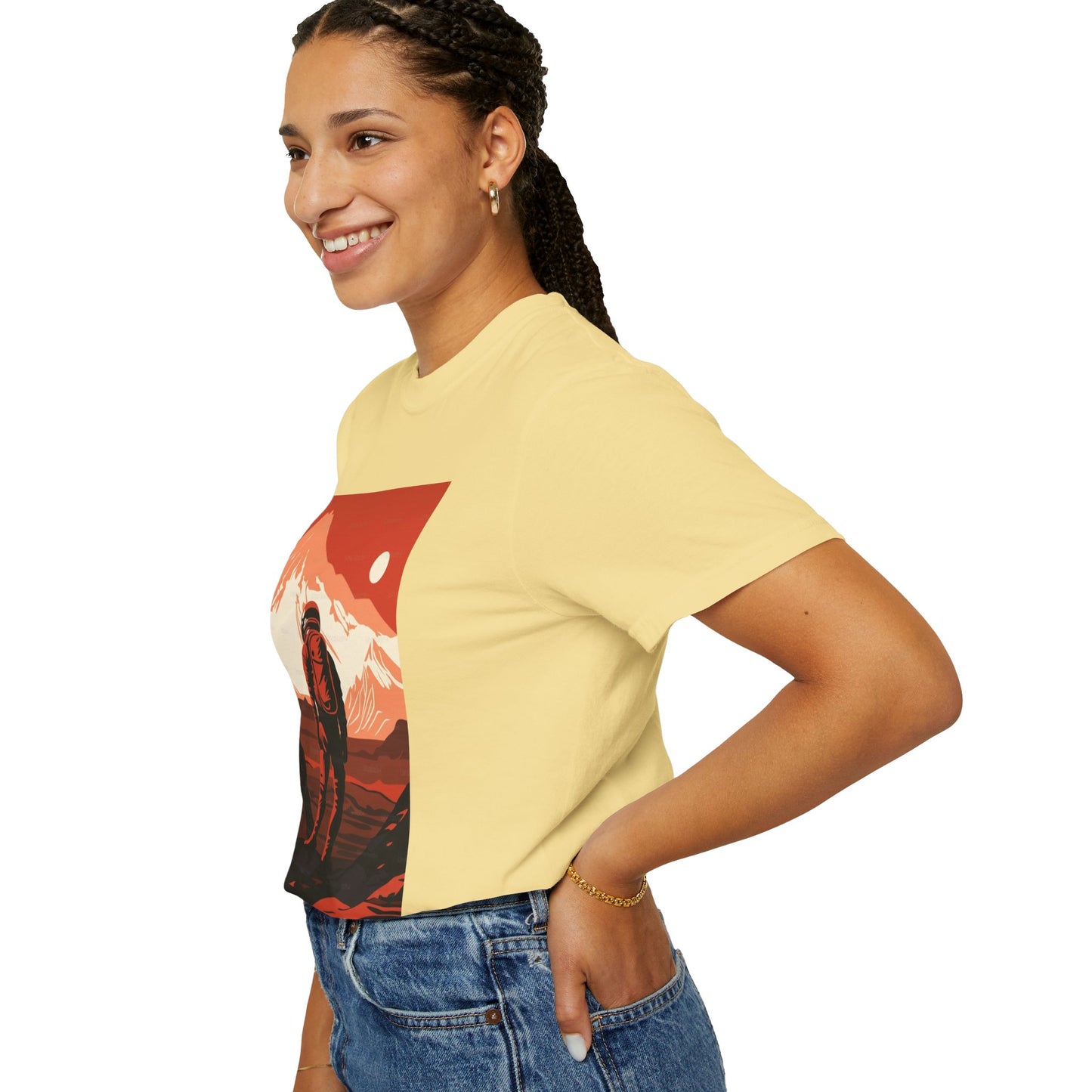 Close-up of the Man On Mars Graphic T-Shirt - Eco-Friendly Organic Cotton, Oversized Unisex Boho Tee showcasing its unique hand-drawn graphic.