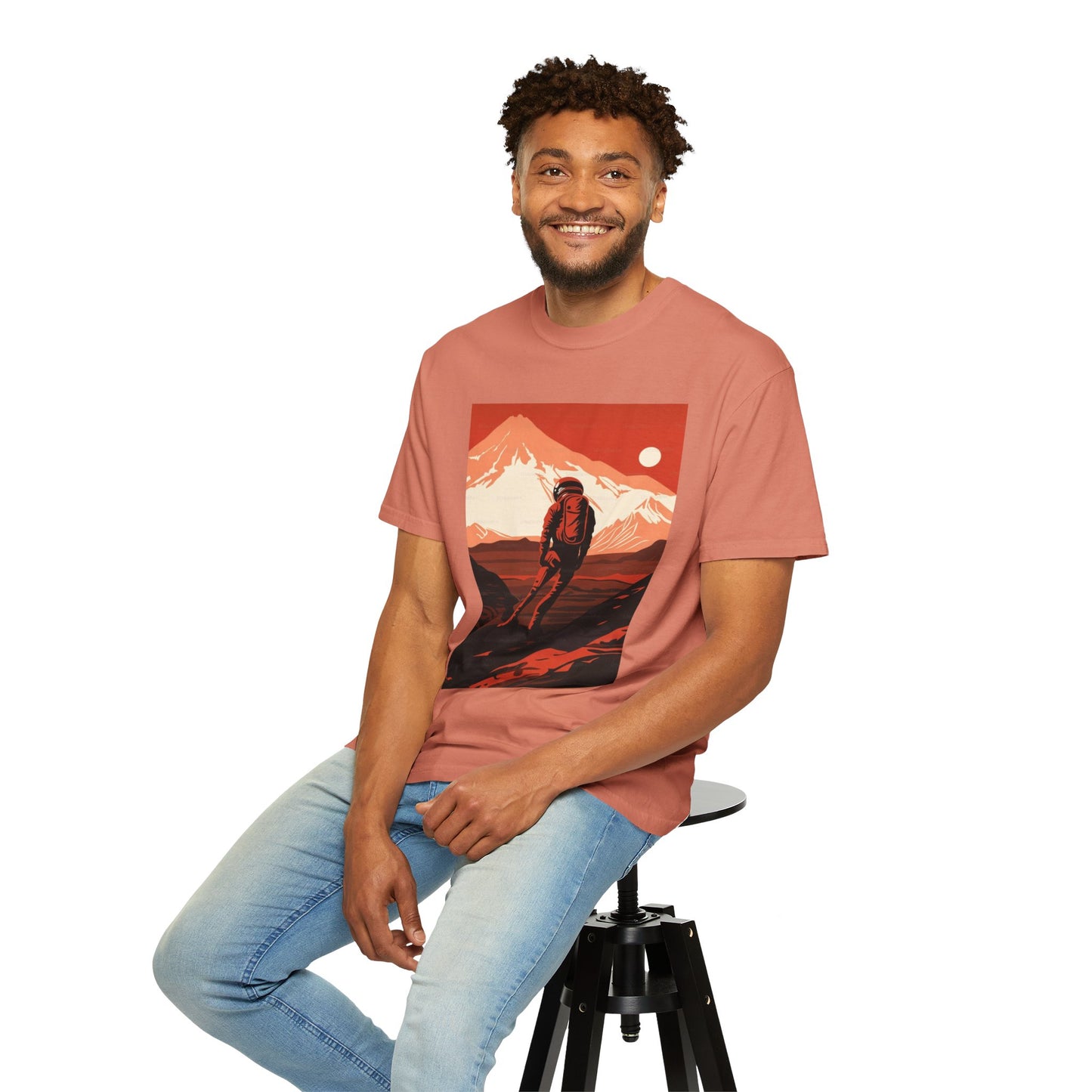 Detail view of the Man On Mars Graphic T-Shirt featuring unique artistic prints perfect for casual wear.