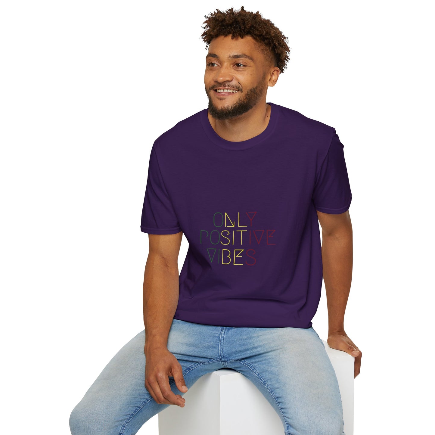 Positive Vibes Unisex Softstyle T-Shirt displayed against a natural background, emphasizing its eco-friendly materials and stylish look.