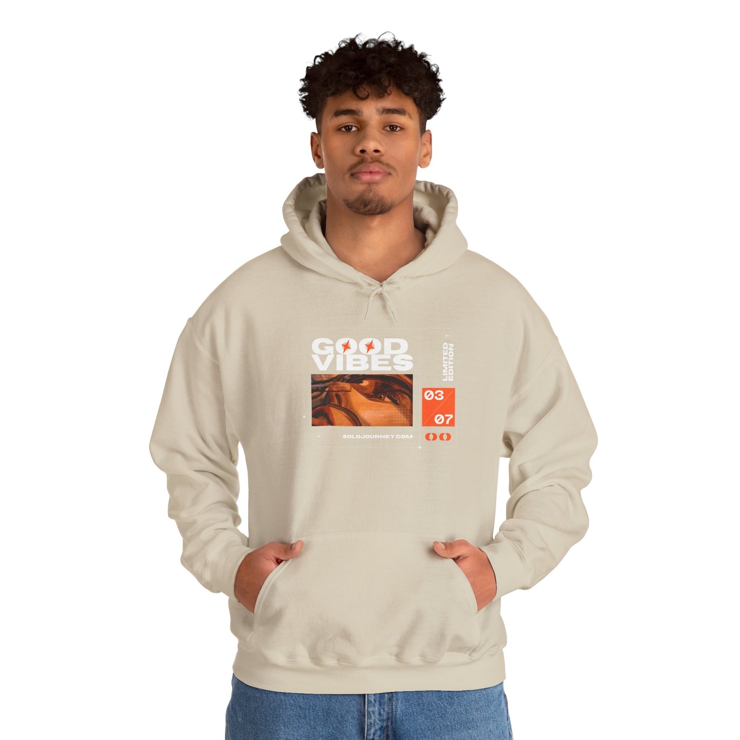 Good Vibes Unisex Heavy Blend Hoodie in various colors, promoting sustainable fashion choices.