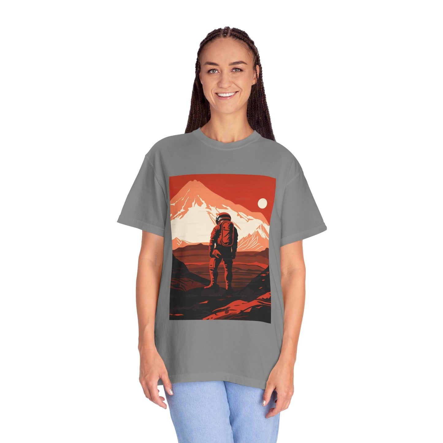 Eco-Friendly Organic Cotton Man On Mars Graphic T-Shirt, ideal for expressing individuality while being environmentally conscious.