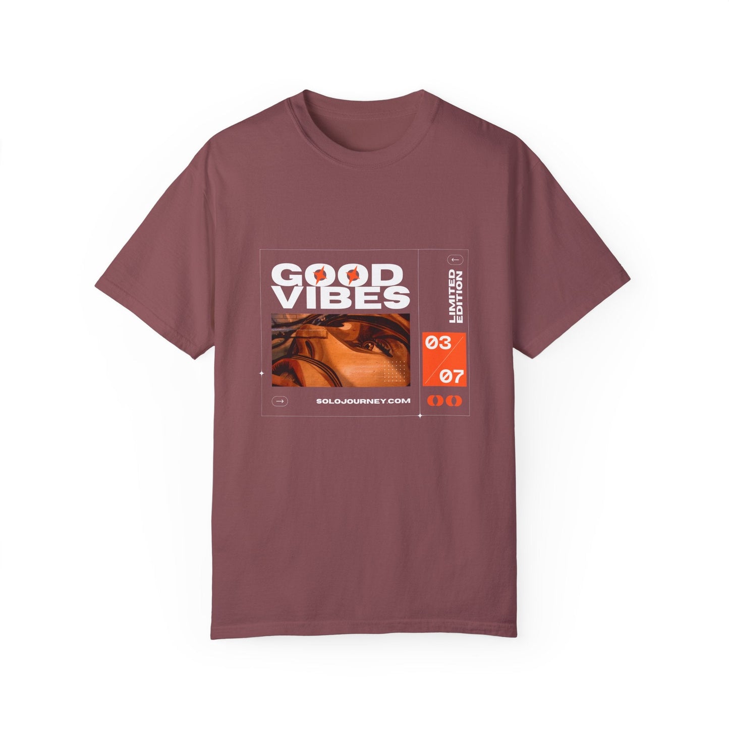 Good Vibes Graphic Design Pullover - Vintage Boho Oversized T-Shirt in Organic Cotton styled casually, showcasing its soft fabric and eco-friendly design.
