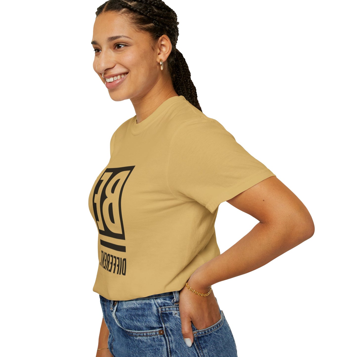 Close-up of the eco-friendly Be Different Art Graphic Oversized Boho T-Shirt made with GOTS certified organic cotton.