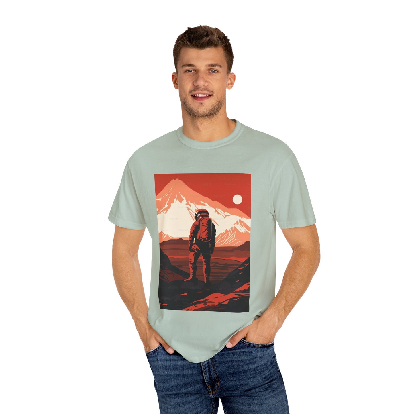 Lifestyle photo of Man On Mars Graphic T-Shirt - Eco-Friendly Organic Cotton, Oversized Unisex Boho Tee worn at a festival.
