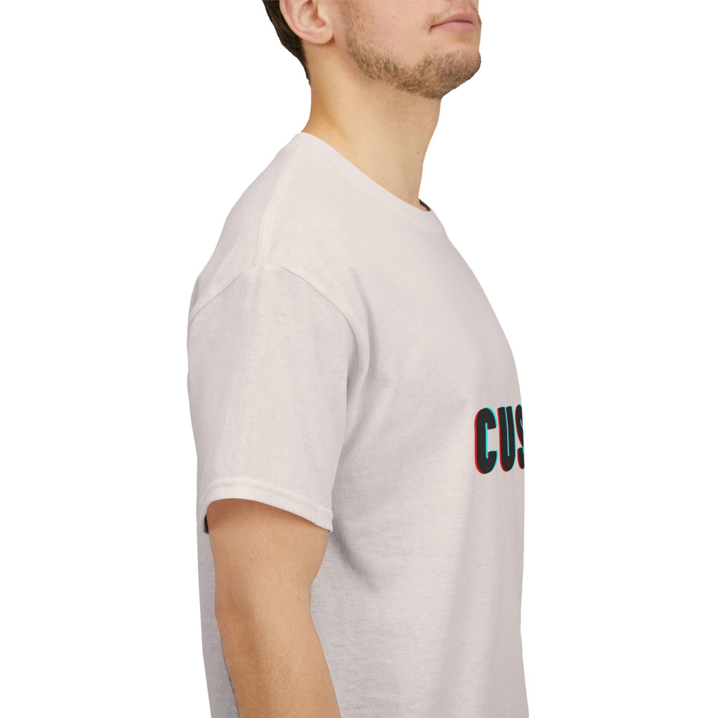 Close-up of the Personalized Unisex Heavy Cotton Tee featuring a vibrant custom graphic, emphasizing its unique design and eco-friendly materials.