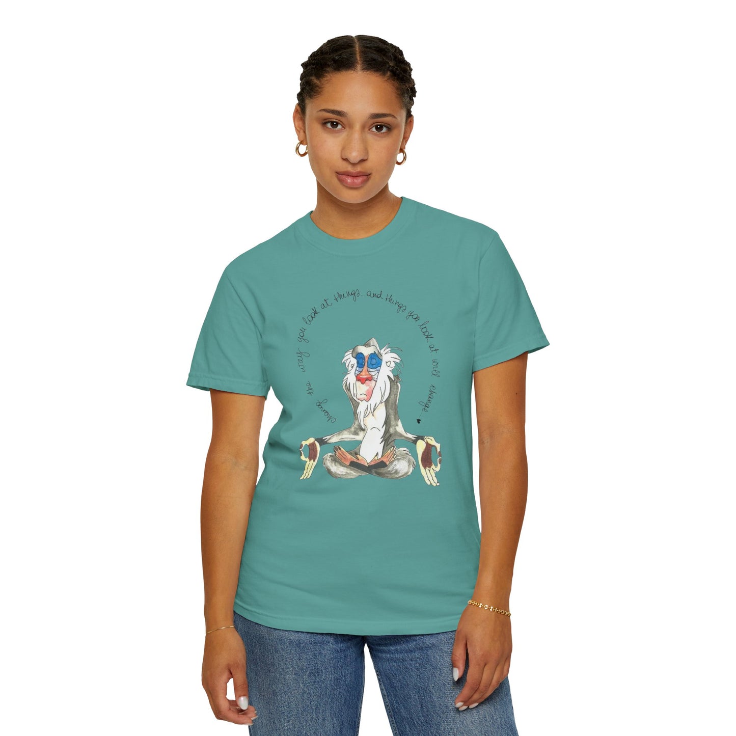 Close-up of the Monkey Legend Graphic Art Oversized Boho Pullover Tee, highlighting the vibrant colors and textures of the organic cotton fabric.