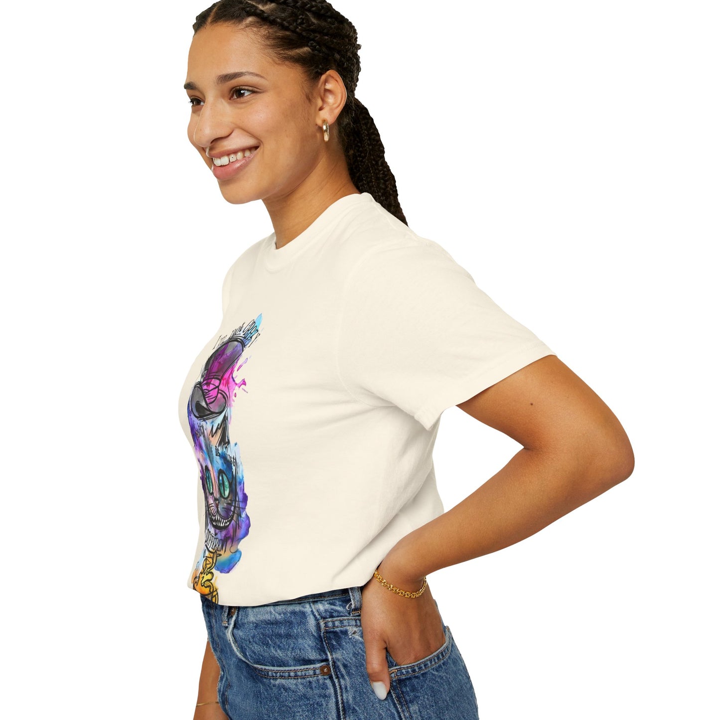 Back view of the Personalized Cat With A Hat Country Music Graphic T-Shirt highlighting its lightweight, breathable material.