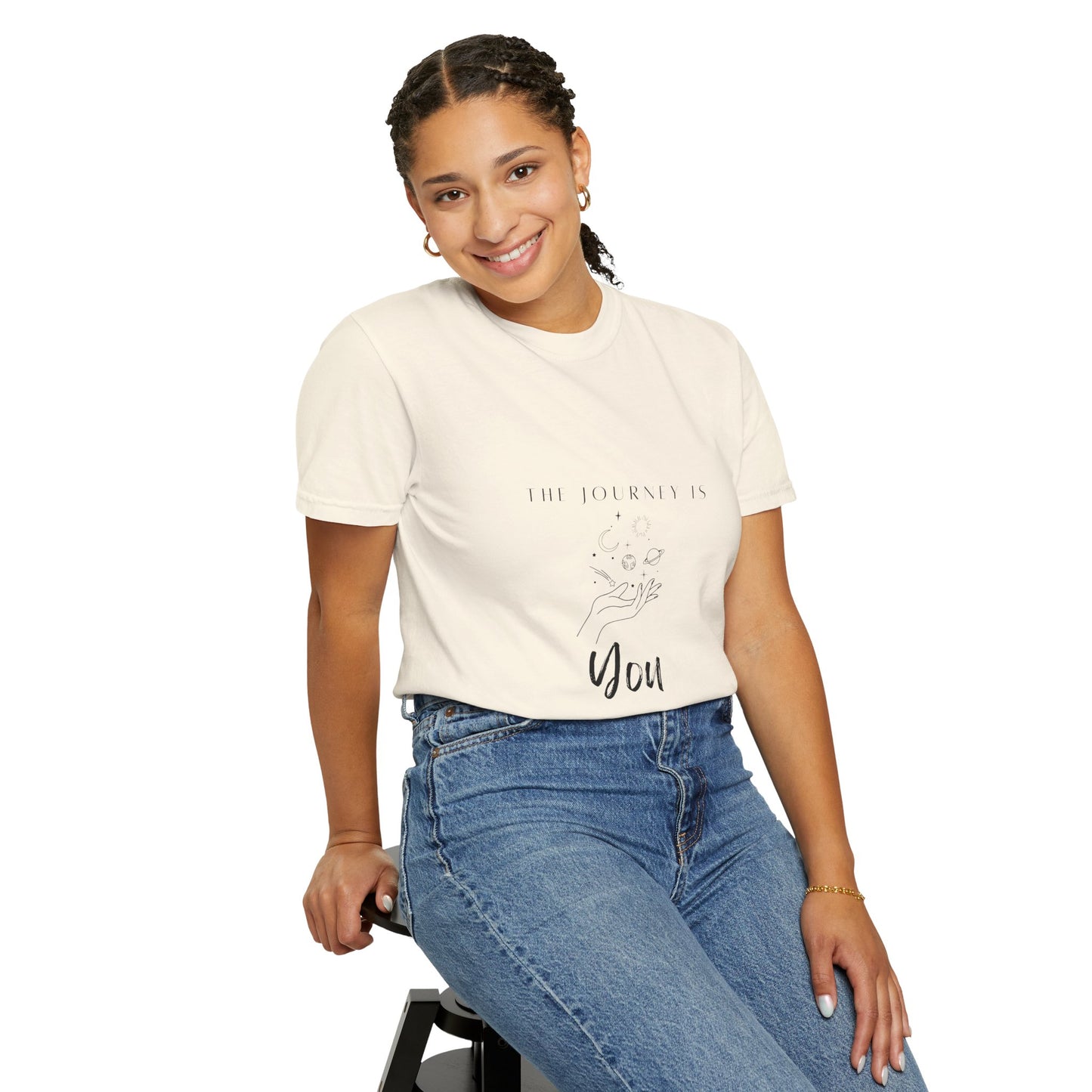 Casual scene with a person in the Vintage Aesthetic Oversized Boho T-Shirt Pullover enjoying a coffee shop ambiance, highlighting comfort and style.