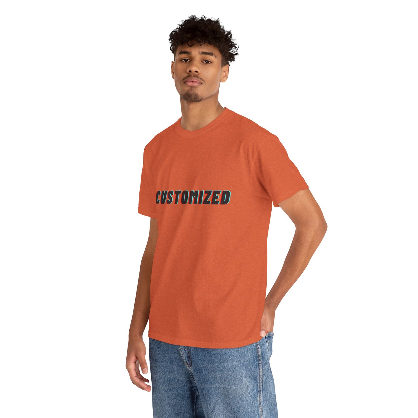 Group of diverse individuals showcasing the versatility of the Personalized Unisex Heavy Cotton Tee in various casual settings.