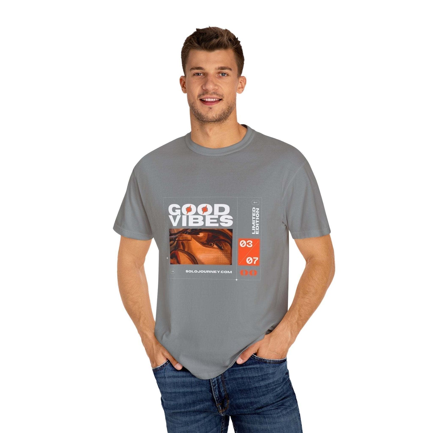 Good Vibes Graphic Design Pullover showcasing vintage boho oversized t-shirt in organic cotton, perfect for eco-friendly fashion enthusiasts.