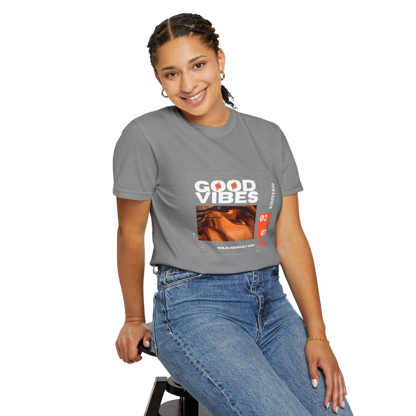 Group of friends wearing Good Vibes Graphic Design Vintage Boho Oversized T-Shirts, promoting positivity and comfort in sustainable fashion.