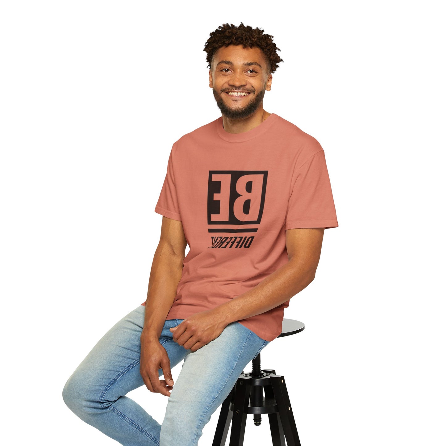 Be Different Art Graphic Oversized Boho T-Shirt in organic cotton display, showcasing unique hand-drawn design and relaxed fit.