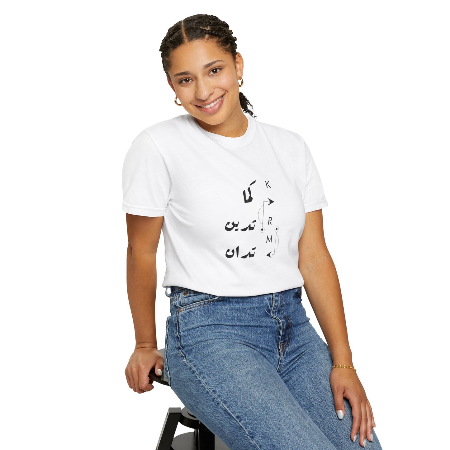 Karma Has Its Ways - Vintage Aesthetic Oversized Boho Pullover Tee in Organic Cotton displayed on a model outdoors, showcasing its soft fabric and trendy graphic design.
