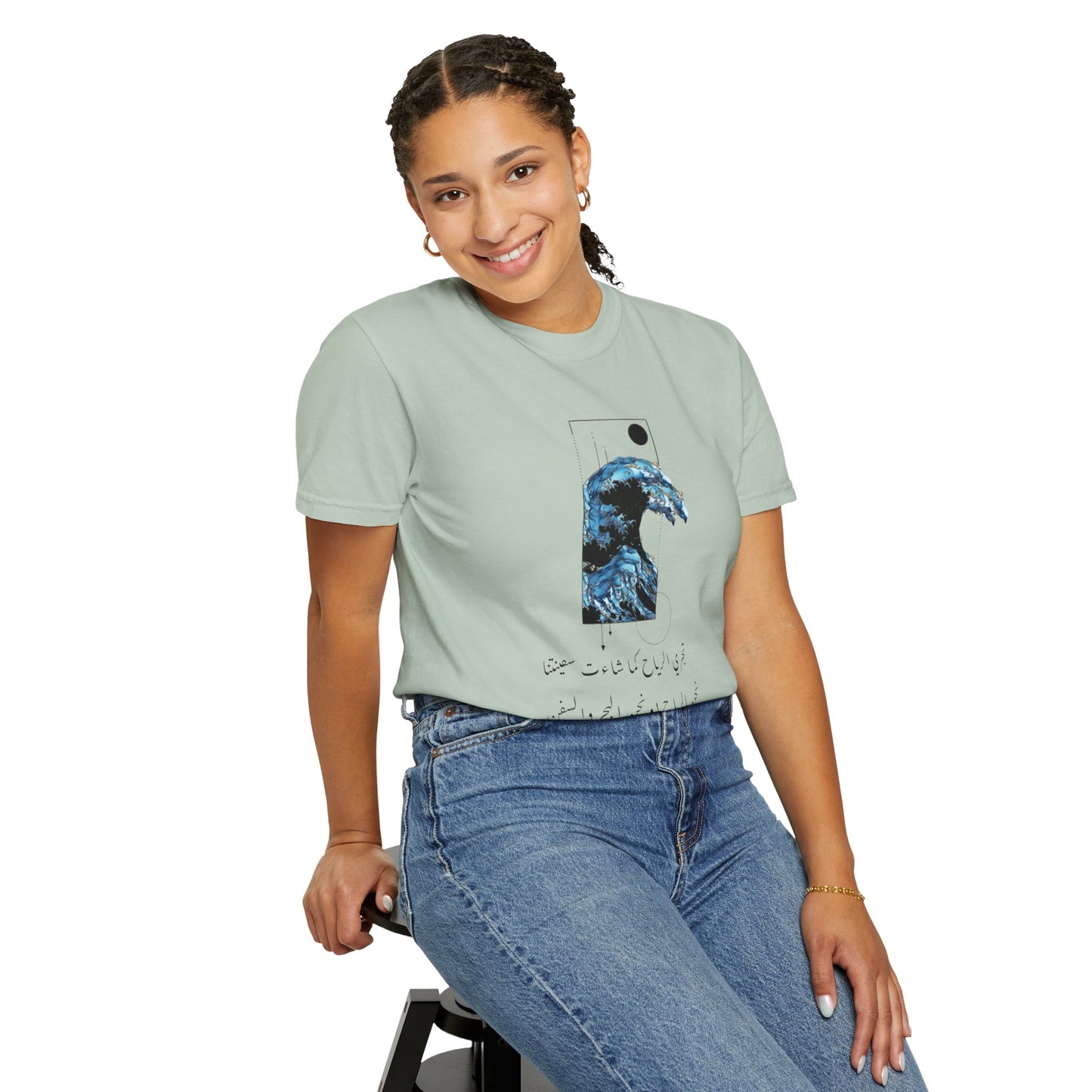 Waves Art Vintage Aesthetic Pullover - Oversized Boho T-Shirt in Organic Cotton displayed on a model, showcasing its unique hand-drawn design and relaxed fit.