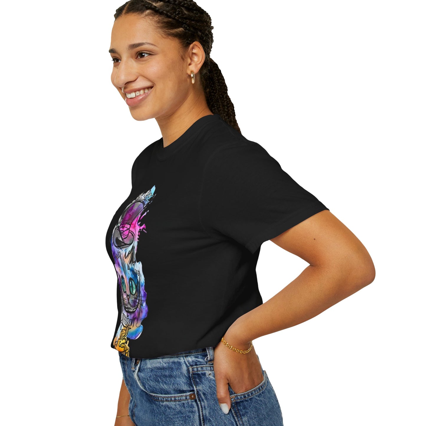 Lifestyle shot of a person wearing the Personalized Cat With A Hat Country Music Graphic T-Shirt at a music festival, celebrating sustainable style.