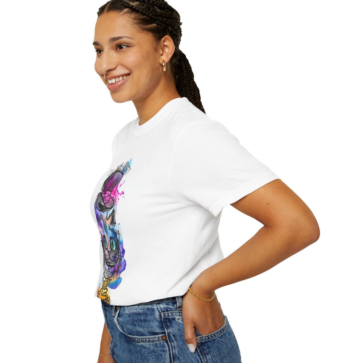 Lifestyle shot of the Personalized Cat With A Hat Country Music Graphic T-Shirt - Eco-Friendly Organic Cotton Tee, ideal for music festivals.