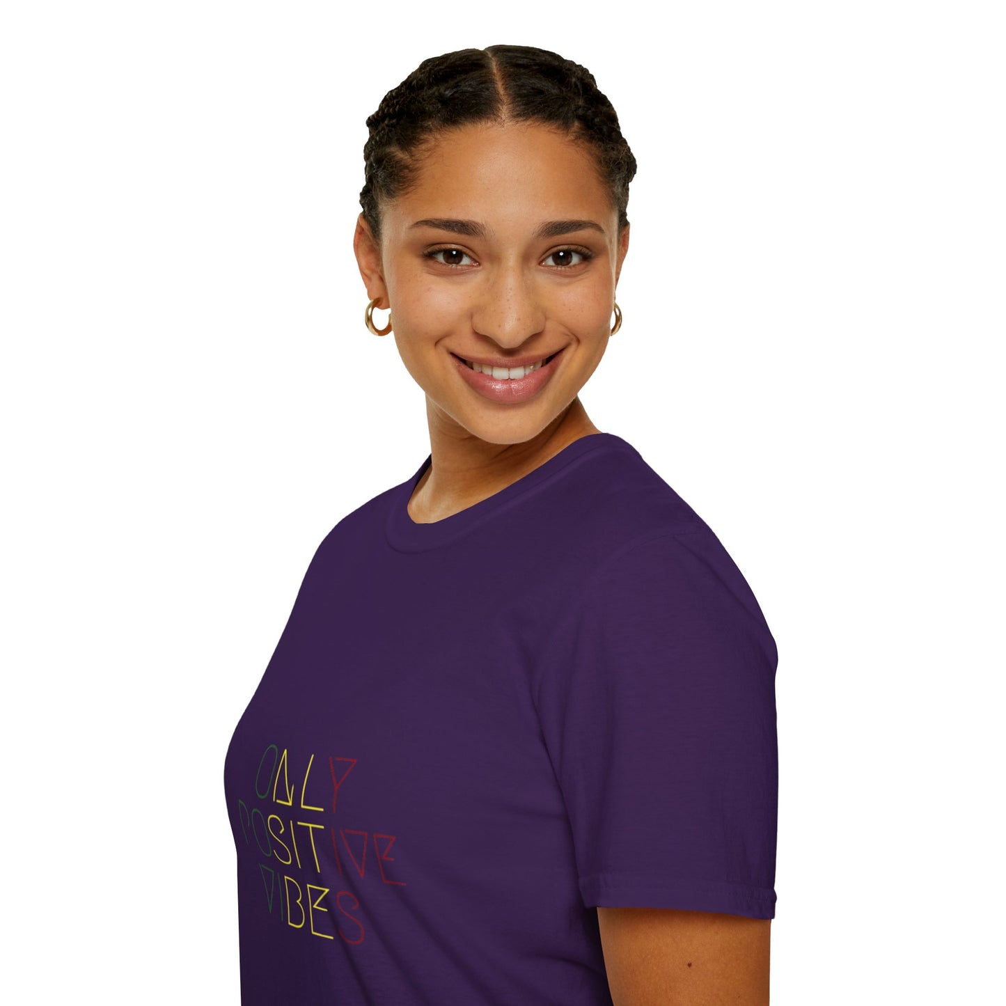 Positive Vibes Unisex Softstyle T-Shirt in eco-friendly organic cotton, showcasing its lightweight and breathable fabric.