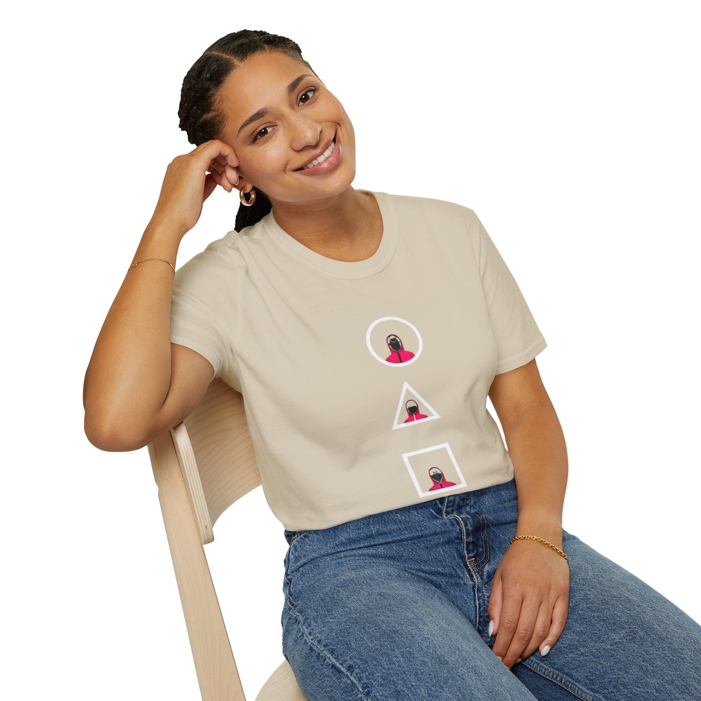 Model wearing the Unisex Softstyle T-Shirt, an eco-friendly 100% cotton graphic tee, styled for a casual outdoor setting.