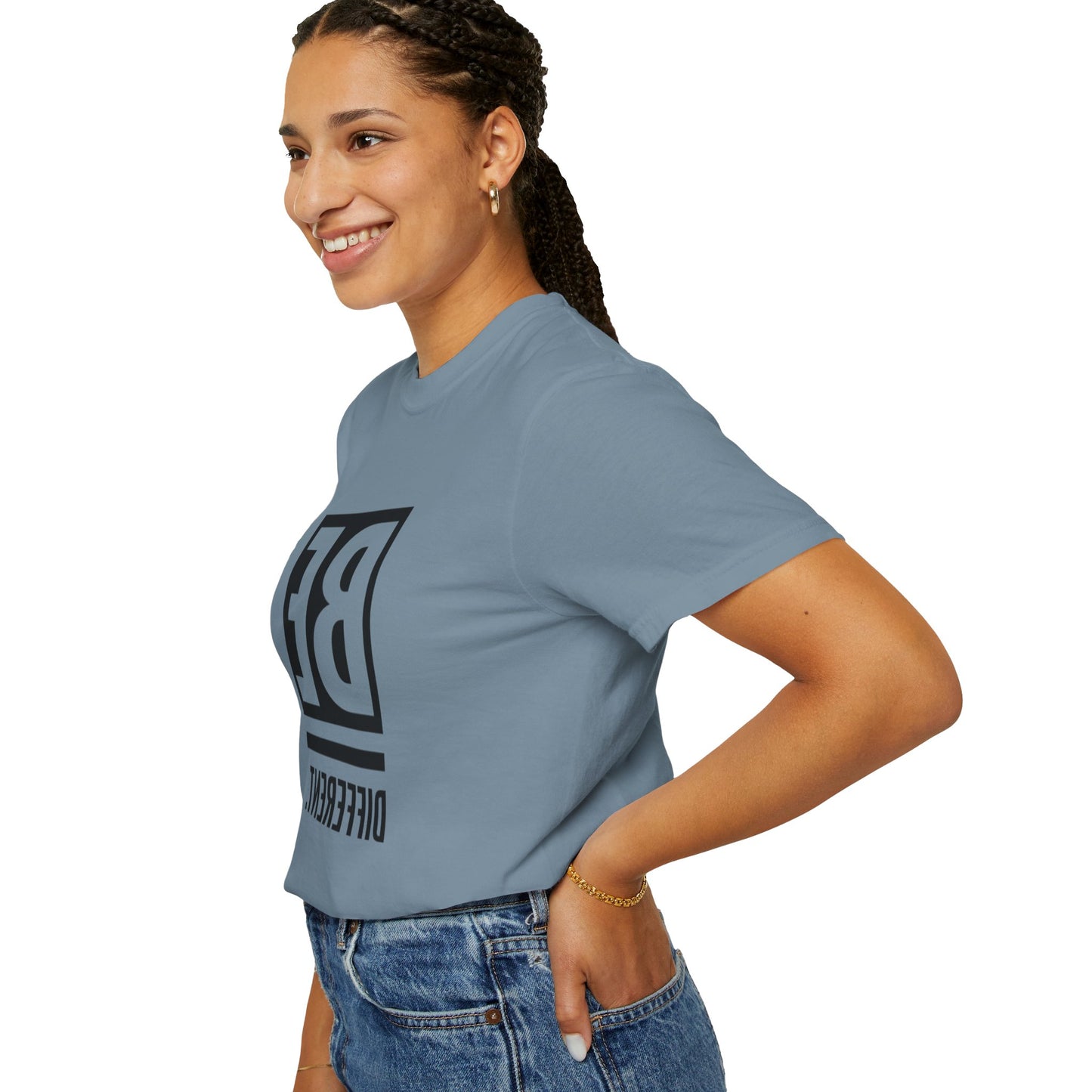 Be Different Art Graphic Oversized Boho T-Shirt in soft organic cotton, showcasing a unique hand-drawn graphic design for eco-friendly fashion.