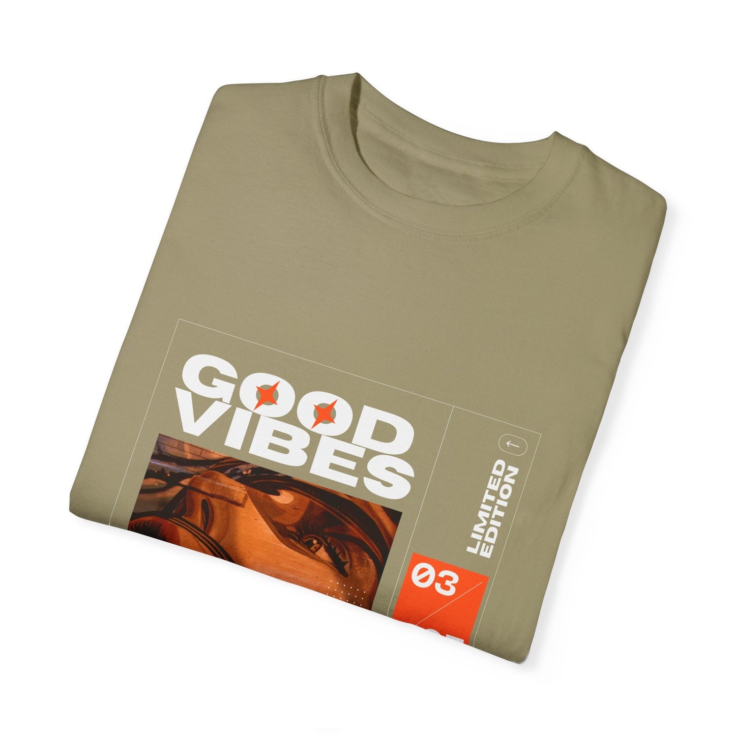 Display of Good Vibes Graphic Design Vintage Boho Oversized T-Shirt in vibrant colors.