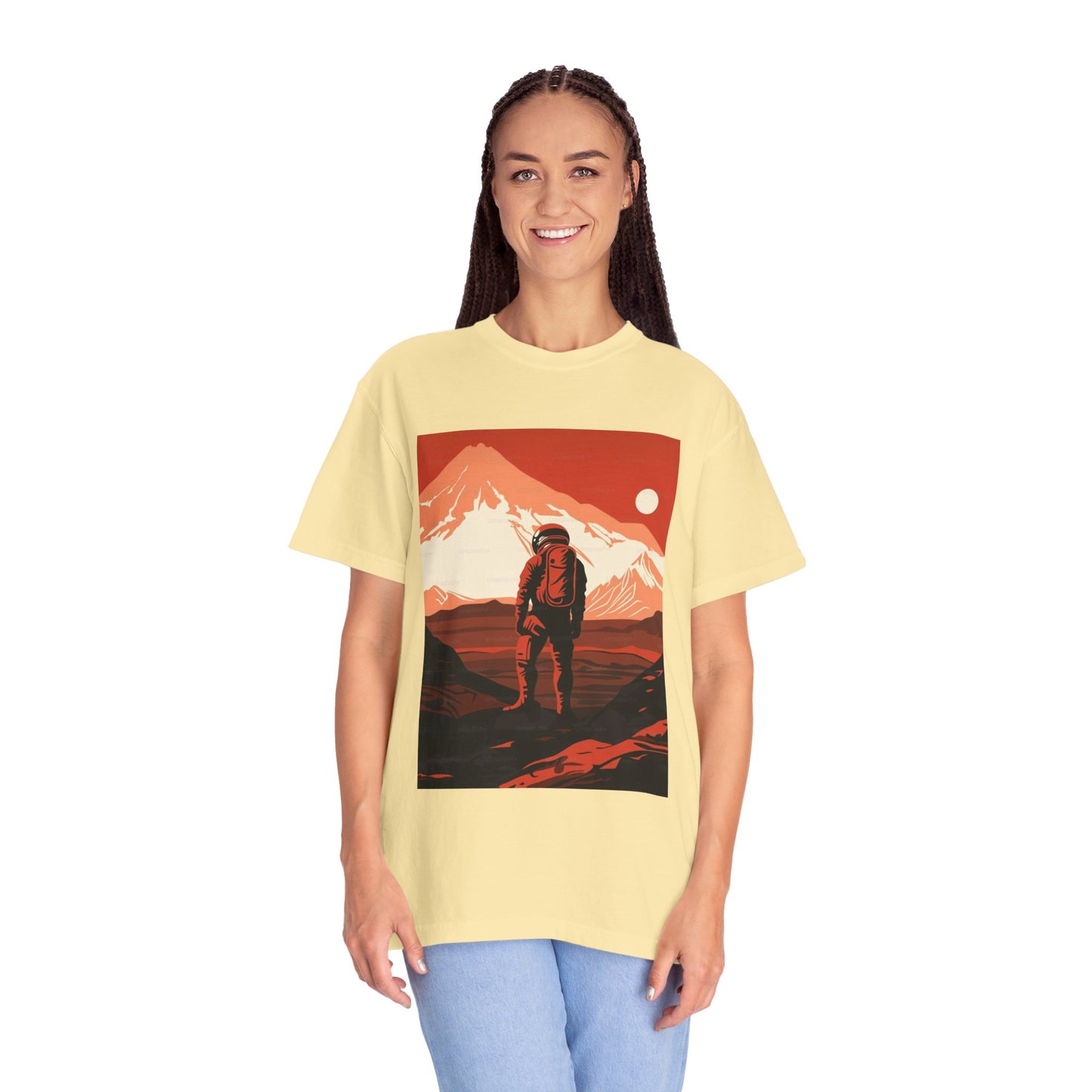 Stylish and comfortable Man On Mars Graphic T-Shirt worn outdoors, perfect for eco-conscious individuals.