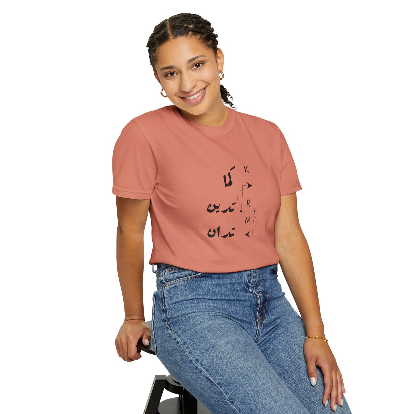 Model wearing the Karma Has Its Ways - Vintage Aesthetic Oversized Boho Pullover Tee, perfect for festival fashion.