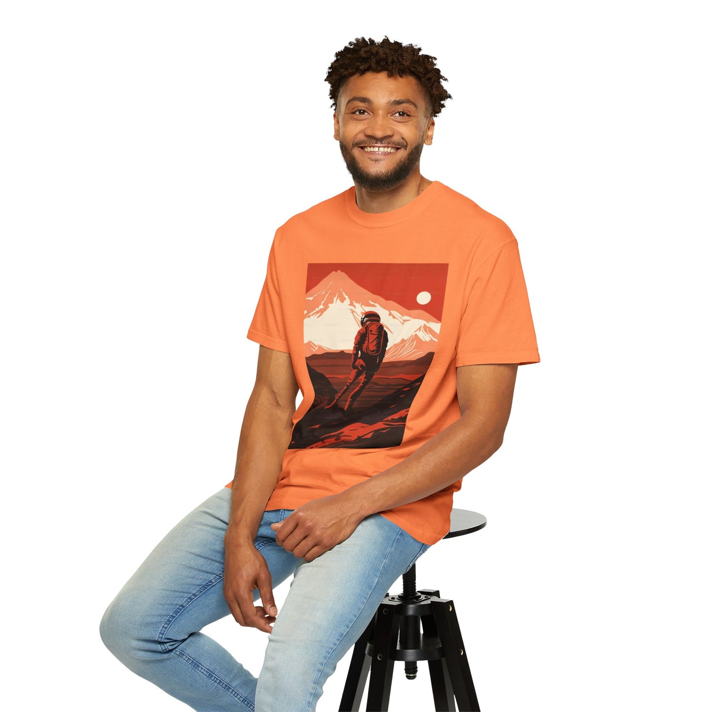 A model wearing the oversized Man On Mars Graphic T-Shirt, perfect for eco-conscious fashion enthusiasts.