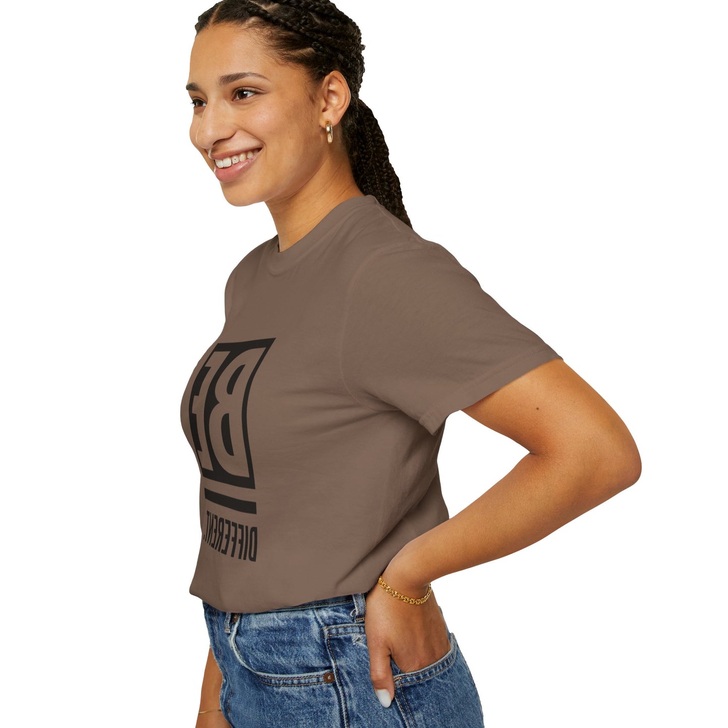 Be Different Art Graphic Oversized Boho T-Shirt in natural light showcasing its soft organic cotton fabric and unique hand-drawn graphic design.