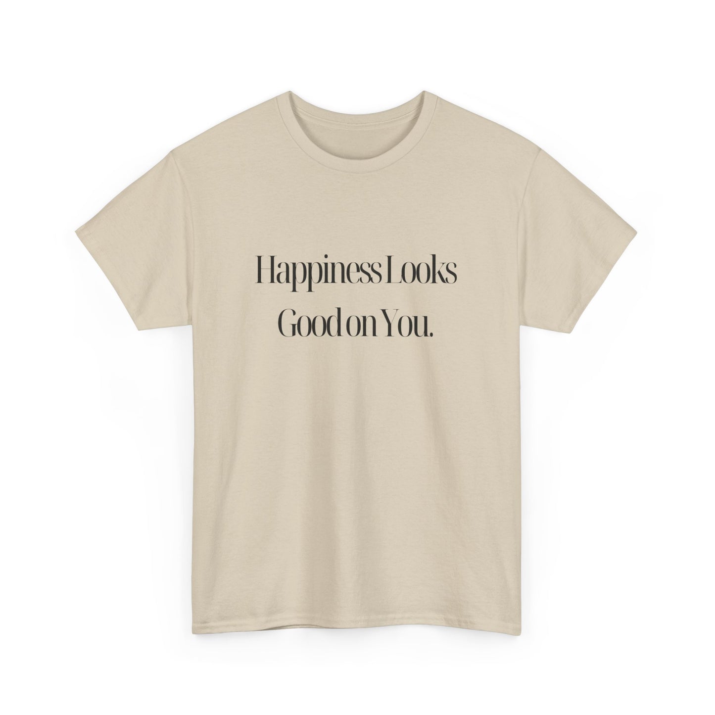 Flat lay of the Happiness Looks Good On You T-Shirt displaying its vibrant design, perfect for casual outings and uplifting outfits.