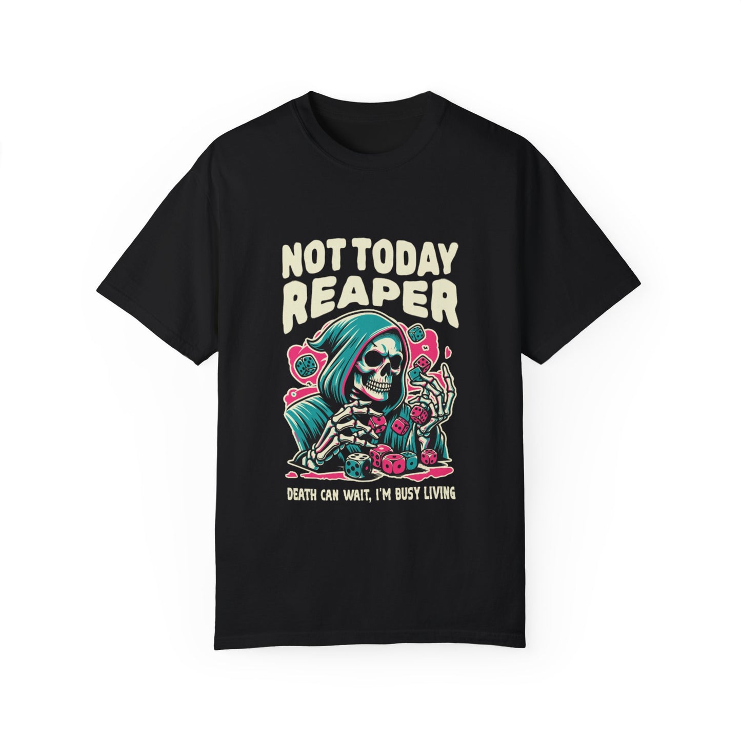Model wearing the Not Today Reaper Oversized Boho T-Shirt made of organic cotton, showcasing its relaxed fit and stylish graphic print.