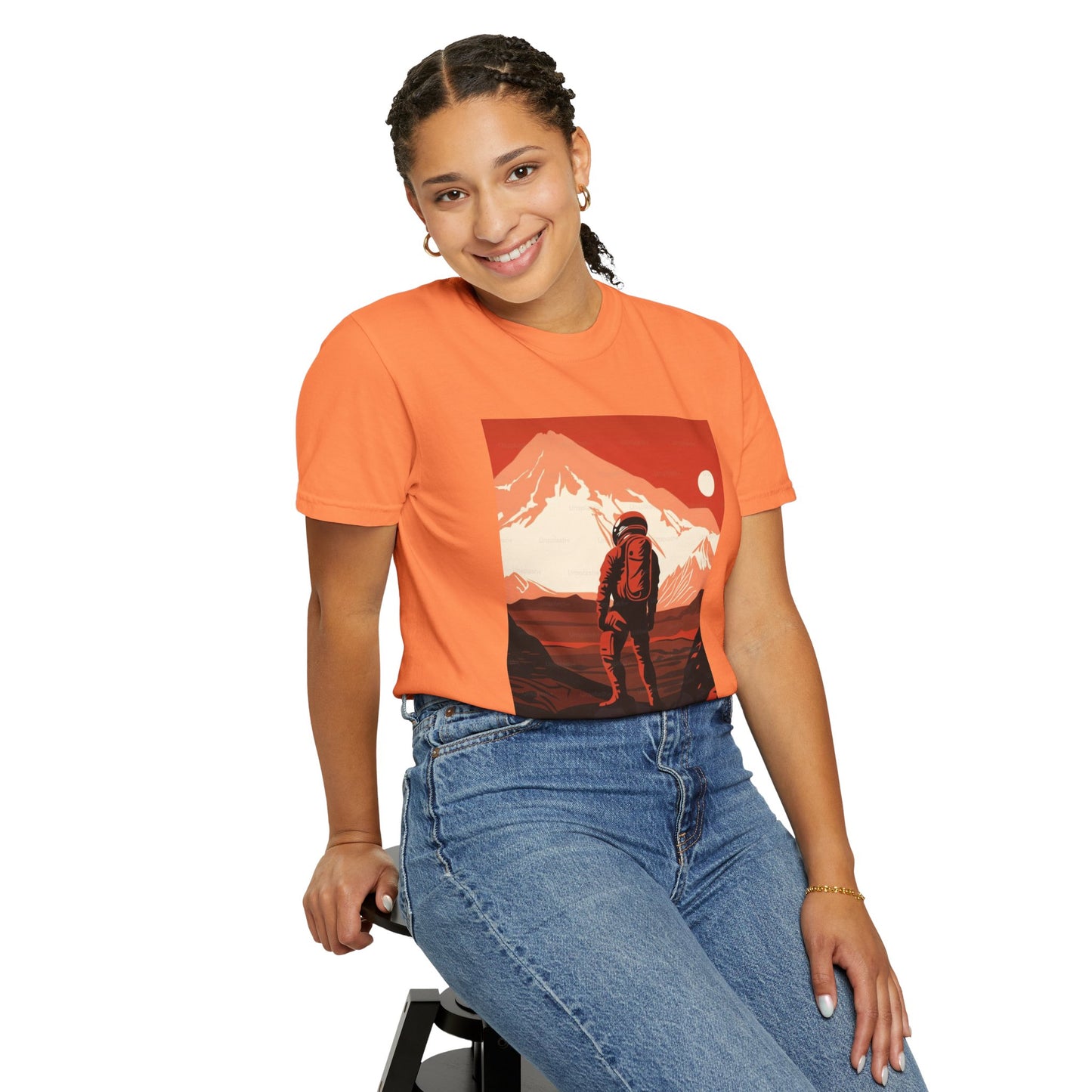 Man On Mars Graphic T-Shirt showcasing a stylish unisex design, made from eco-friendly organic cotton.