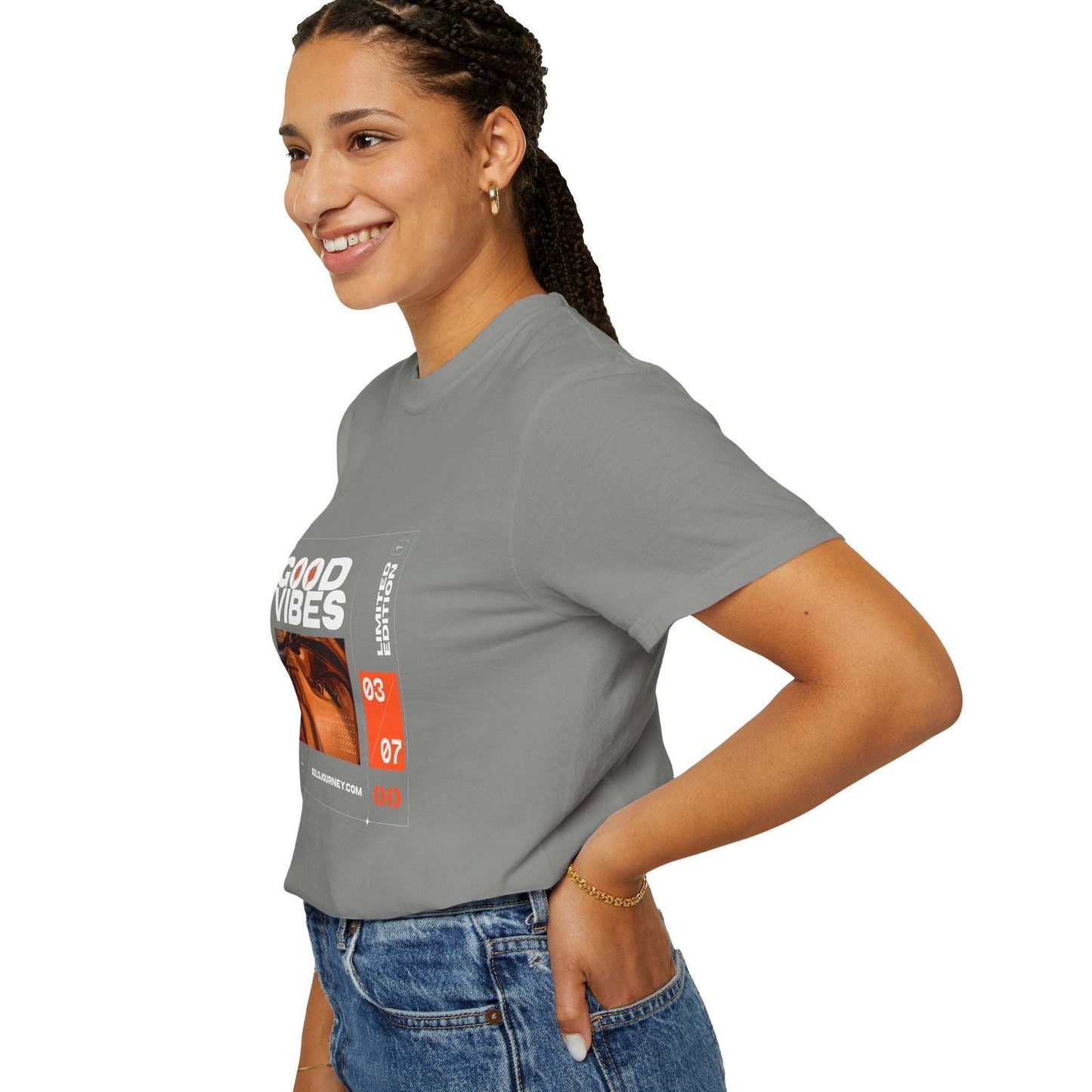 Good Vibes Graphic Design Pullover folded neatly, showcasing its soft organic cotton material and eco-friendly style.