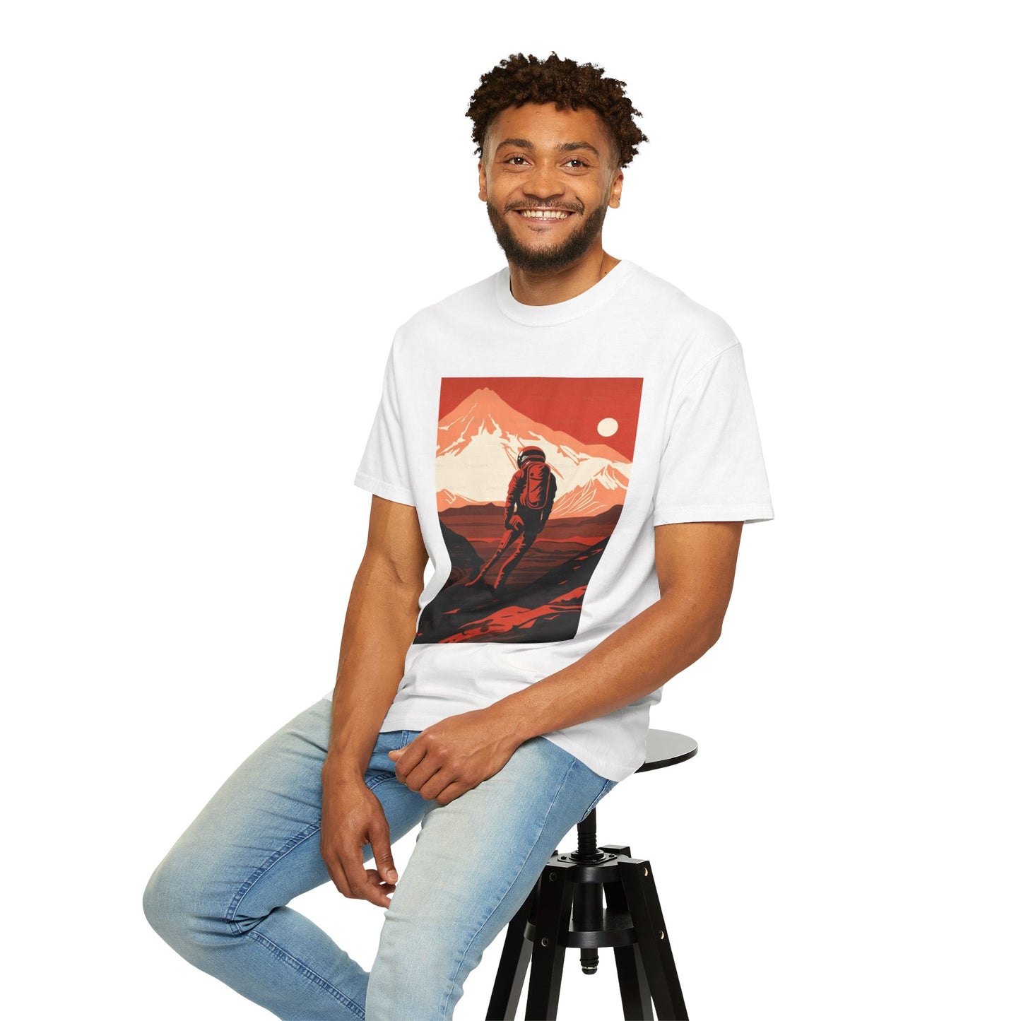 Group of friends wearing Man On Mars Graphic T-Shirt at a festival, highlighting its unisex design and casual vibe.