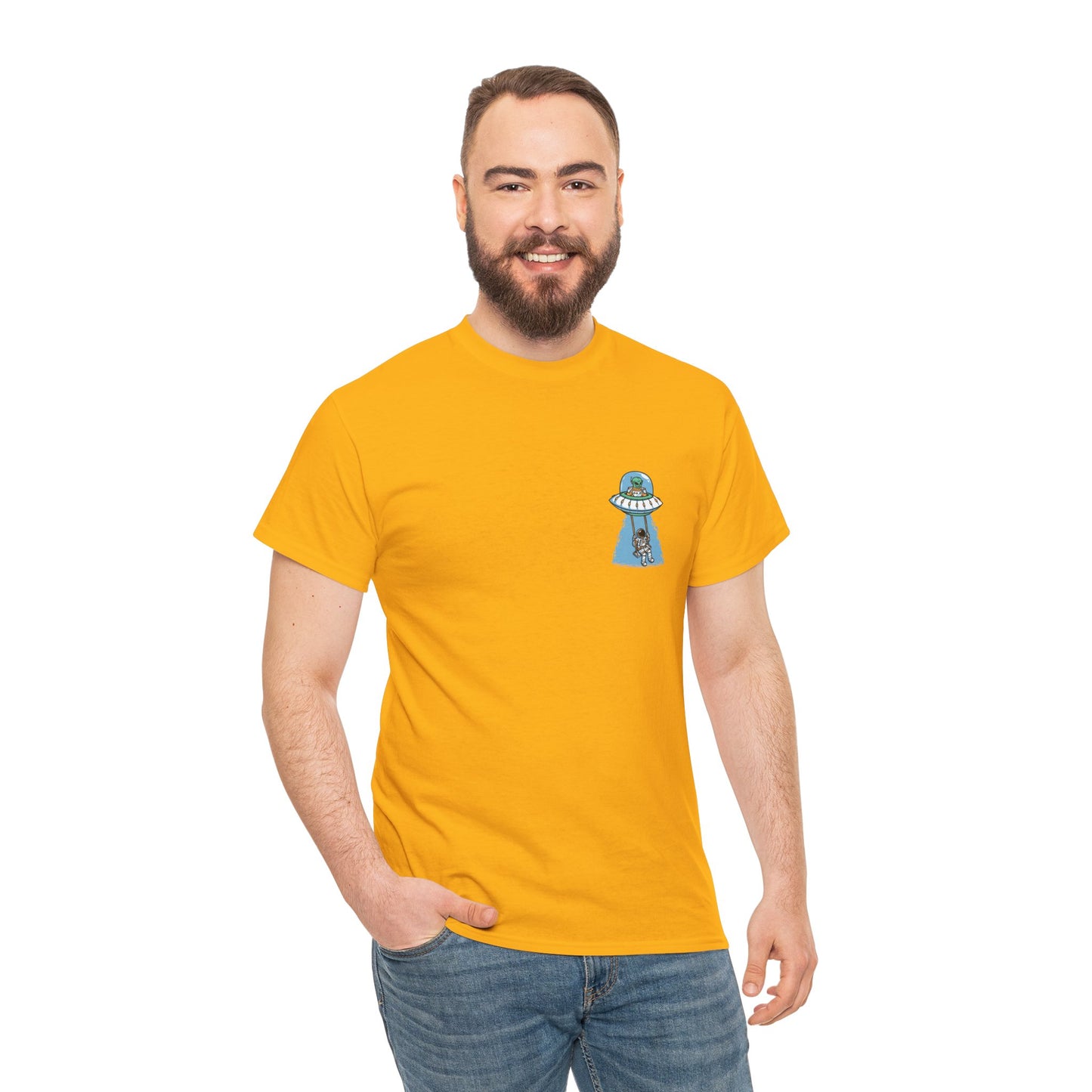 UFO Dancing in Space - Whimsical Unisex Heavy Cotton Tee with Playful Design