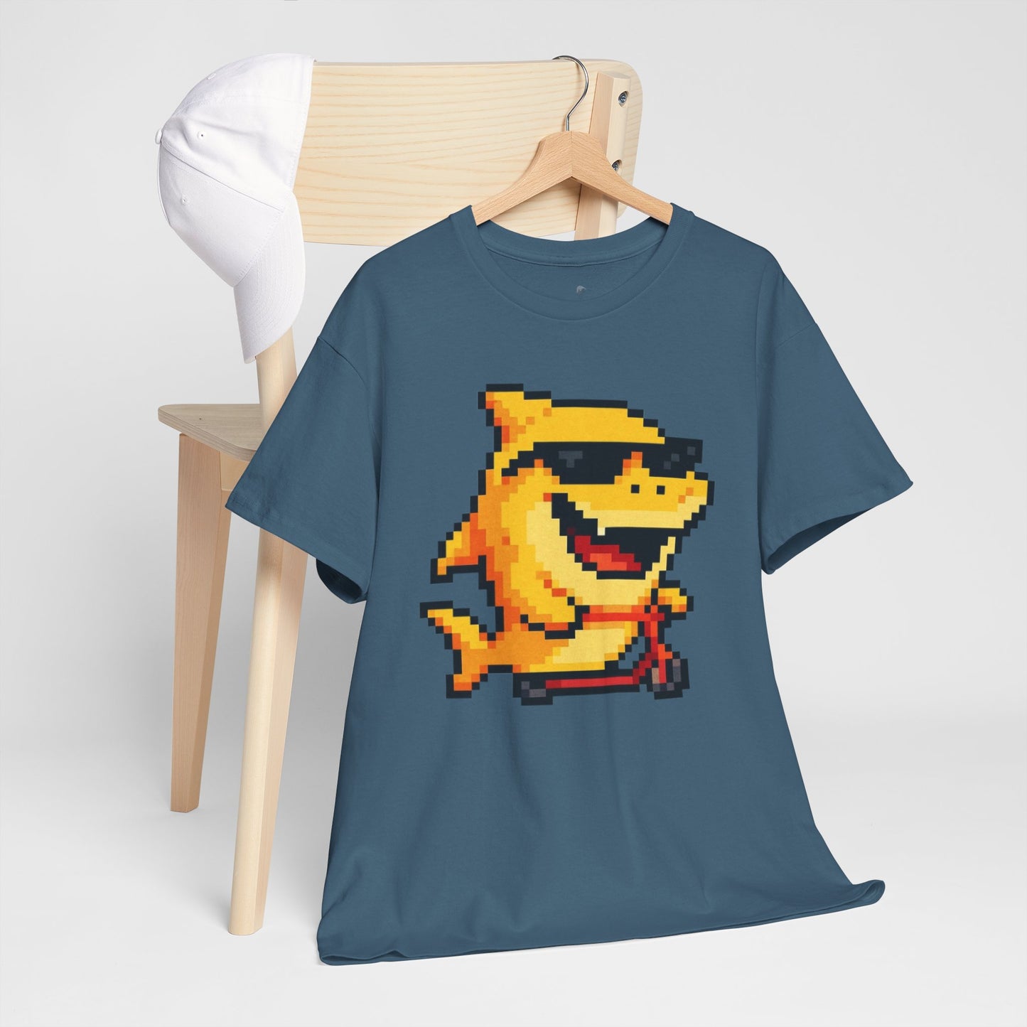 Retro Pixel Baby Shark Unisex Heavy Cotton Tee, Fun Graphic Tee, Gamer Shirt, Gift for Shark Lovers, Summer Casual Wear, Retro T-Shirt