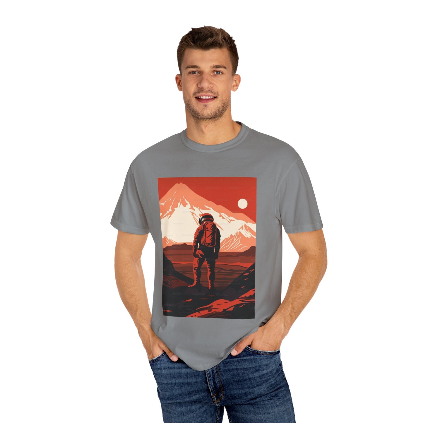 Stylish oversized unisex Man On Mars Graphic T-Shirt showcasing sustainability and comfort for everyday adventures.