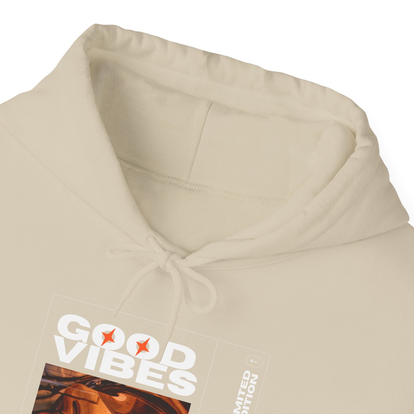 Good Vibes Unisex Heavy Blend Hoodie worn casually, perfect for festivals and relaxed outings.
