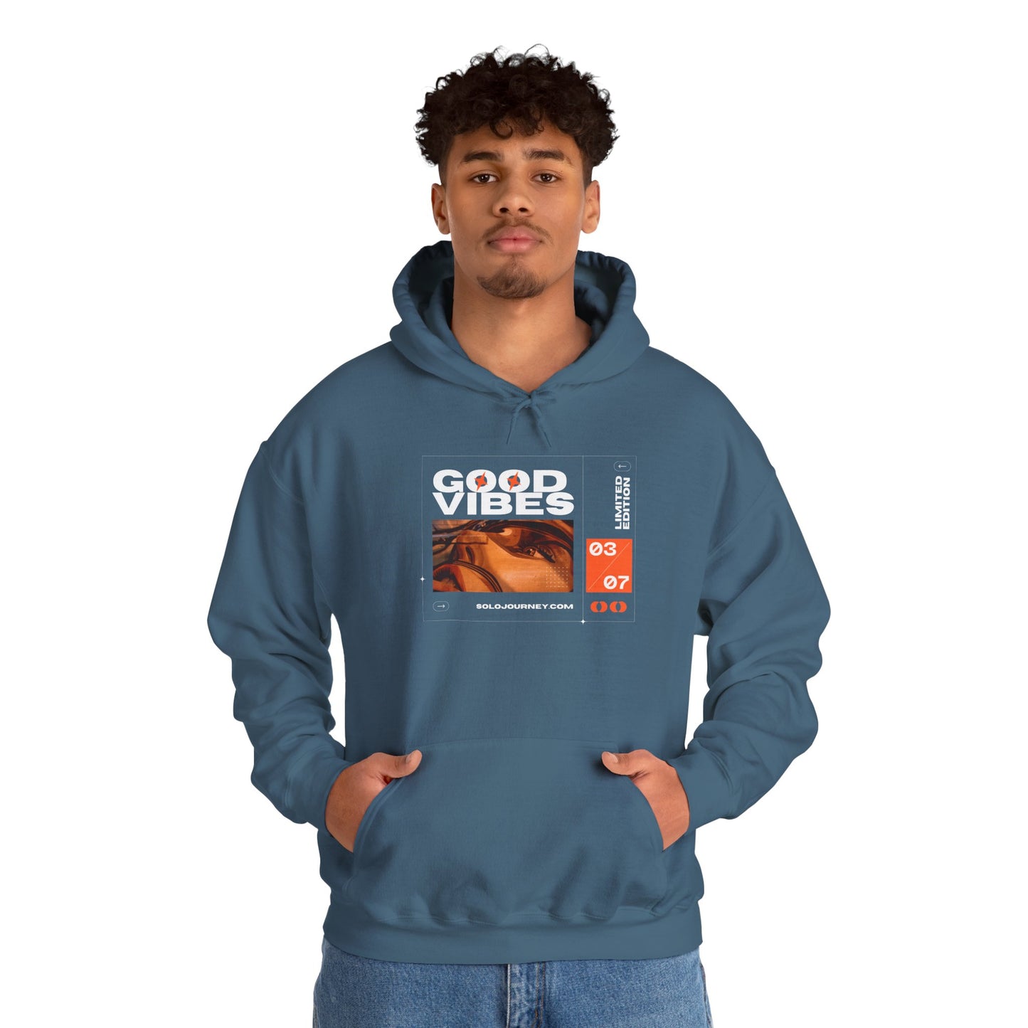 Diverse sizes of the Good Vibes Unisex Heavy Blend Hoodie displayed on hangers, perfect for anyone seeking style and comfort.