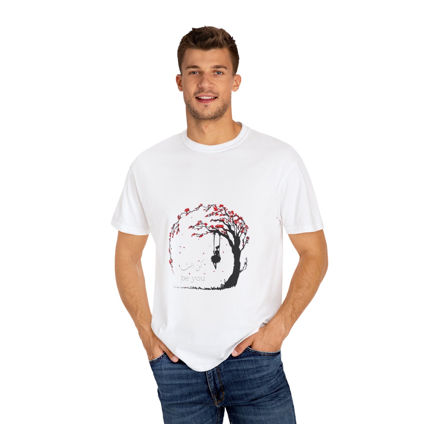 Person wearing the Cherry Blossom Unisex T-Shirt in a relaxed fit, great for both men and women looking for stylish sustainable clothing.