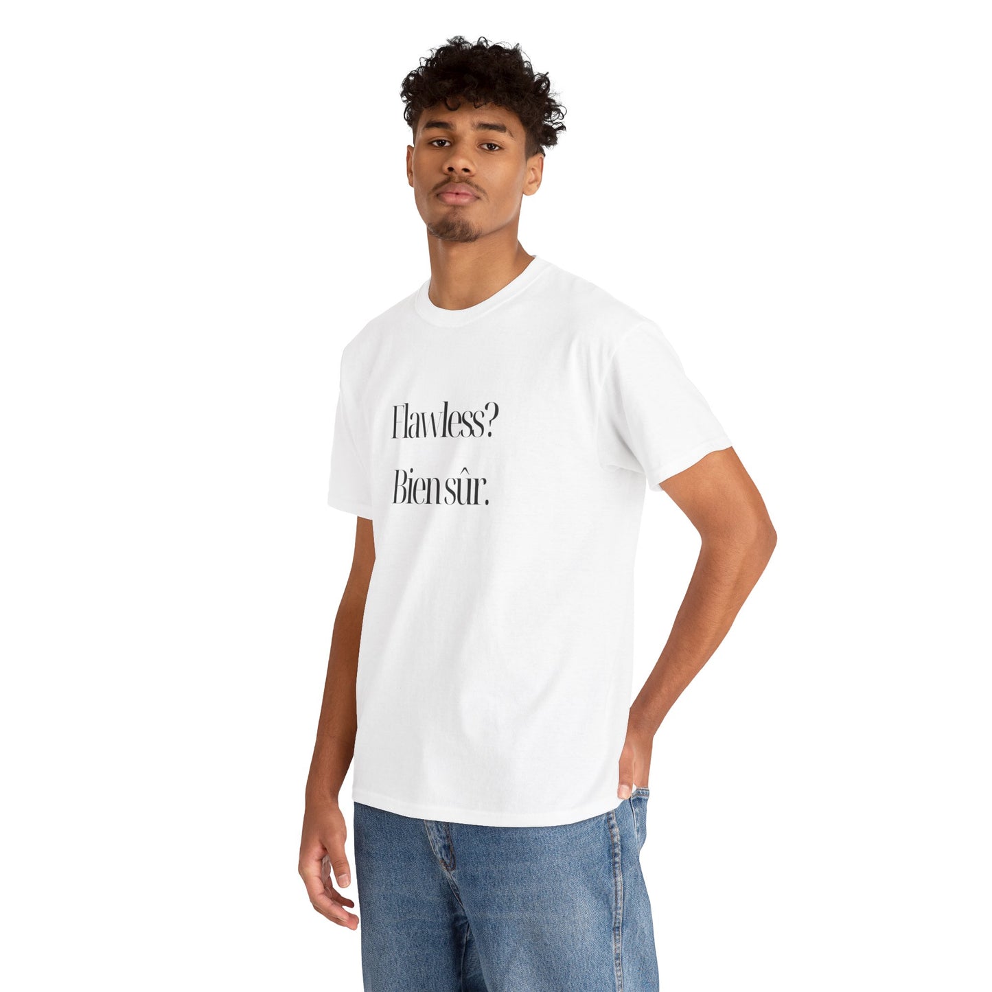 Close-up of Flawless? Bien Sûr - Unisex Eco-Friendly Heavy Cotton Tee, highlighting the vibrant graphic print.